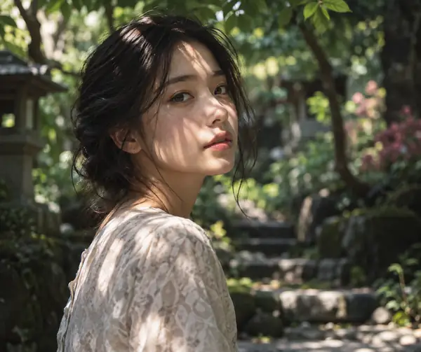 An atmospheric portrait in a shaded garden with delicate light falling across the face.
