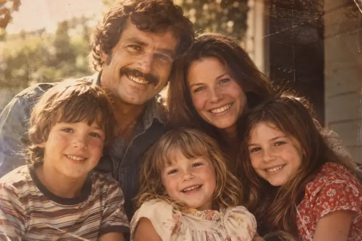 A faded family portrait with closely grouped faces and the warmth of an old print.
