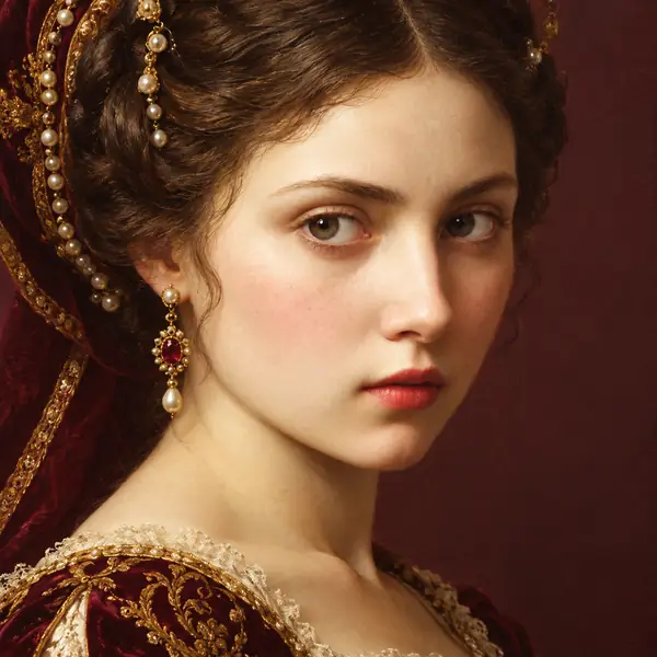 A painted historical face with crisp eyes and delicate detail.
