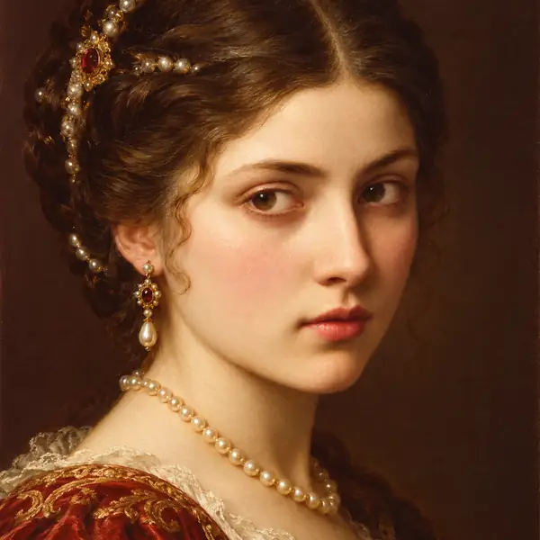 A softly clear painted portrait of a woman in historical dress.